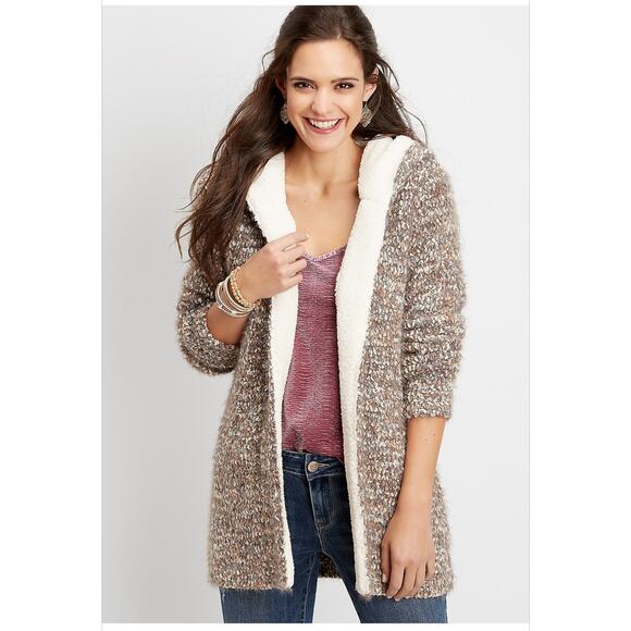 Maurices Sweaters - Maurice's Sherpa Trim Eyelash Hooded Cardigan Faux Fur Size Large Soft Cozy